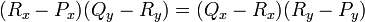  (R_x-P_x)(Q_y-R_y) = (Q_x-R_x)(R_y-P_y) 