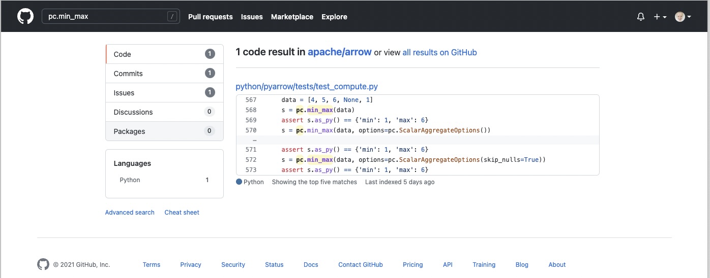 Apache Arrow GitHub repository dashboard where we are searching for a pc.min_max function reference.