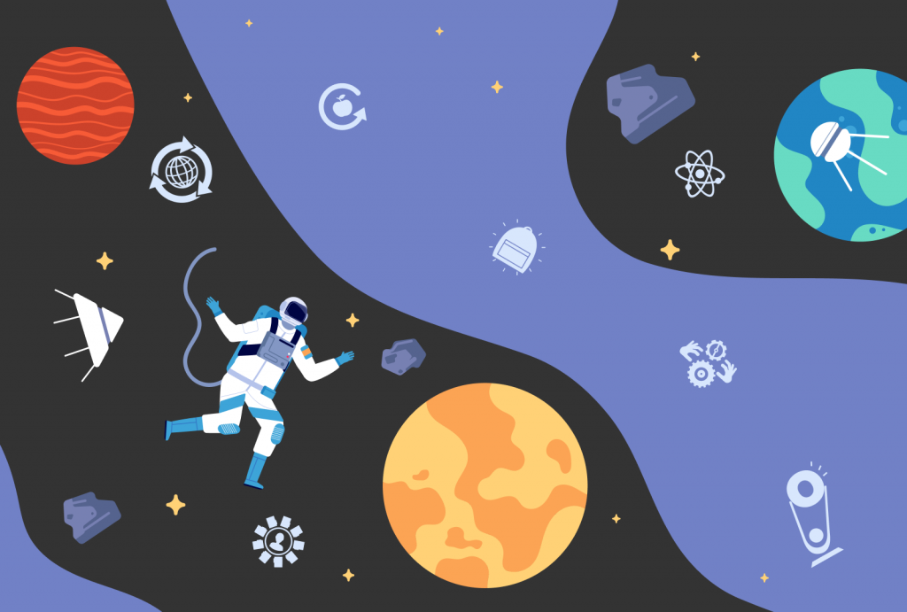 astronaut in space exploring a group of items related to categories of the awards