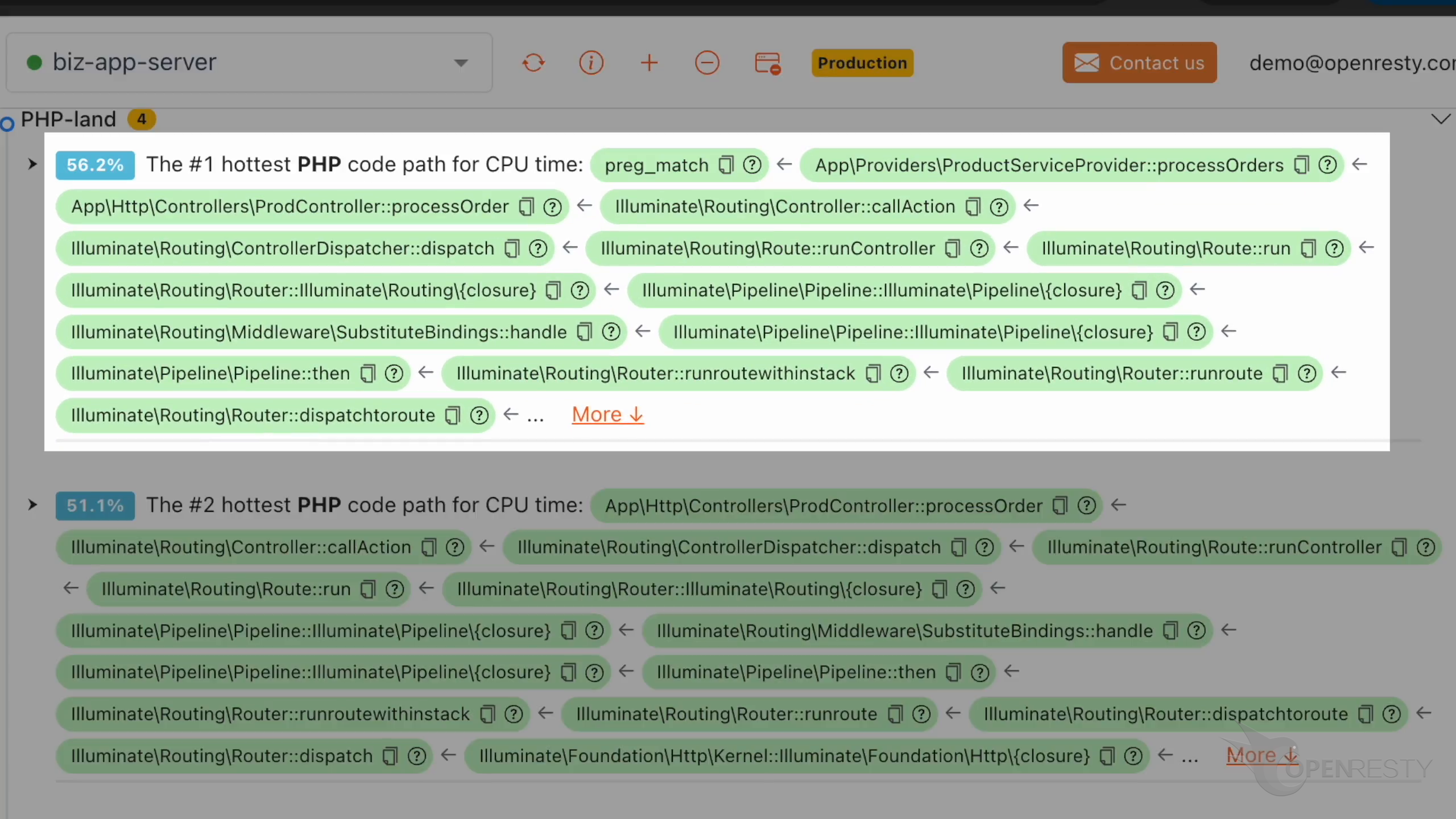 第一號最熱 PHP 程式碼路徑報告:preg_match 為葉函式,經 processOrders 與 Laravel callAction,佔 56.2% CPU 時間