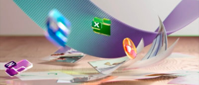 Abstract Microsoft 365-themed illustration with floating app icons and layered graphical elements on a desk surface.