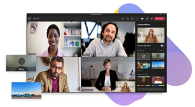 Účastníci videohovoru v Teams, při kterém se používají vlastní pozadí.