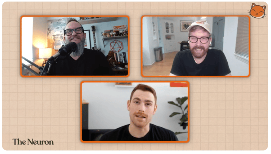 Screenshot featuring Google DeepMind's Logan Kilpatrick on The Neuron Podcast with hosts Corey Noles (l) and Grant Harvey (r) to discuss AI.