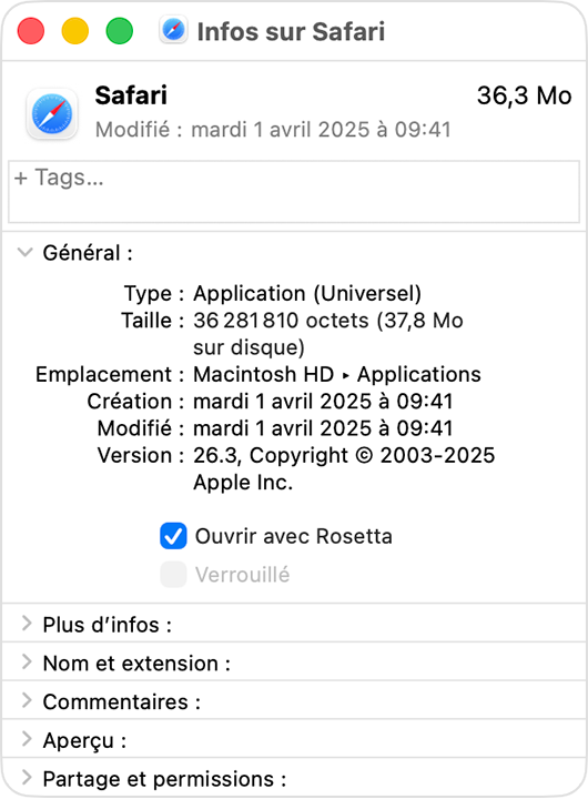 Fenêtre d’informations de Safari affichant le réglage « Ouvrir avec Rosetta ».