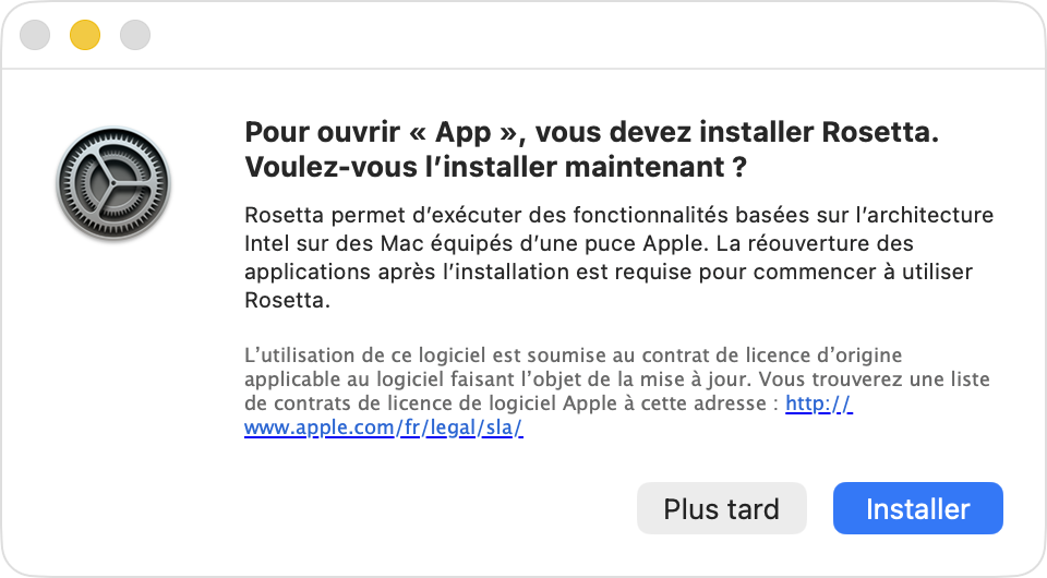 Message d’alerte macOS demandant si vous souhaitez installer Rosetta.