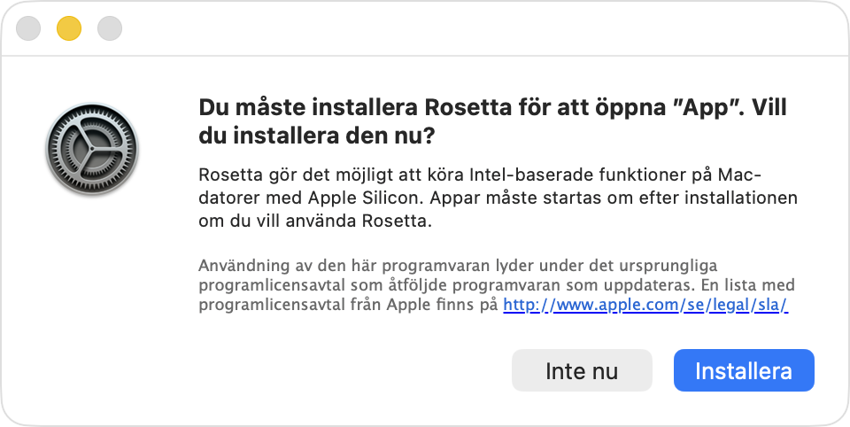 macOS-varning frågar om du vill installera Rosetta.