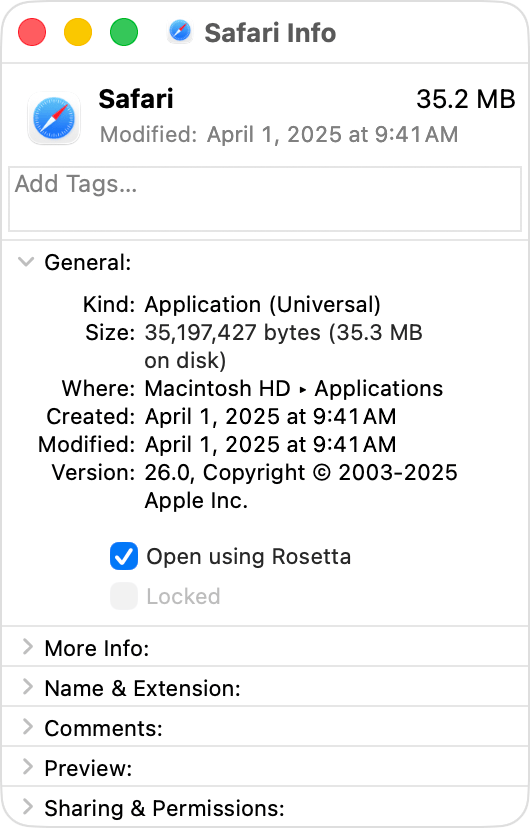 Info window for Safari, showing the "Open using Rosetta" setting.