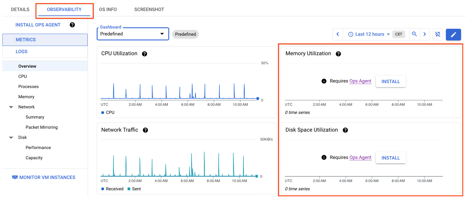 Observability tab
for one VM without the Ops Agent installed.