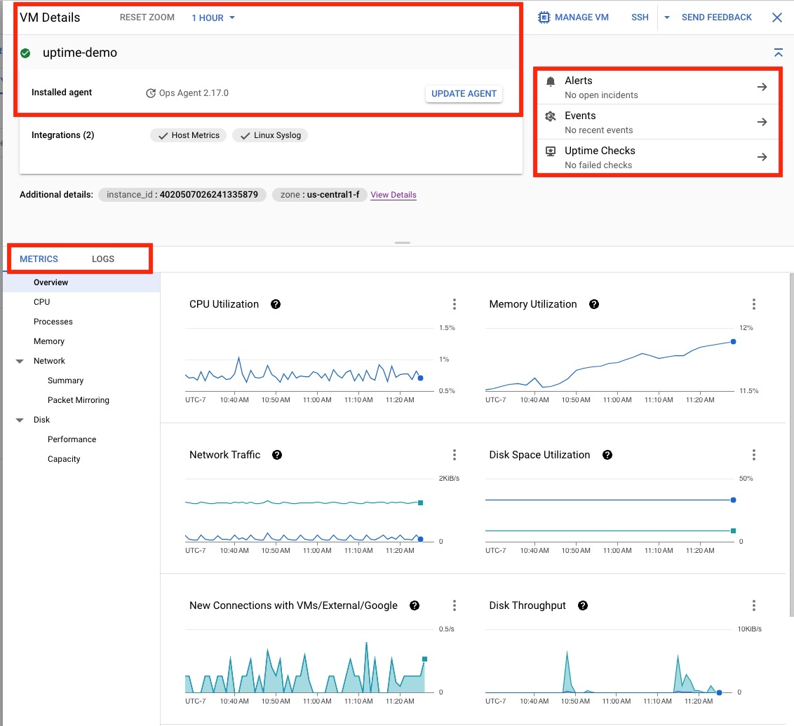 The VM
Details page provides information about a specific VM.