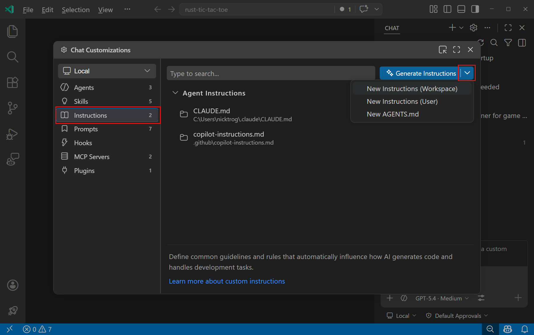 Screenshot of the Agent Customizations editor, showing the Instructions tab and the dropdown to create a new instructions file.