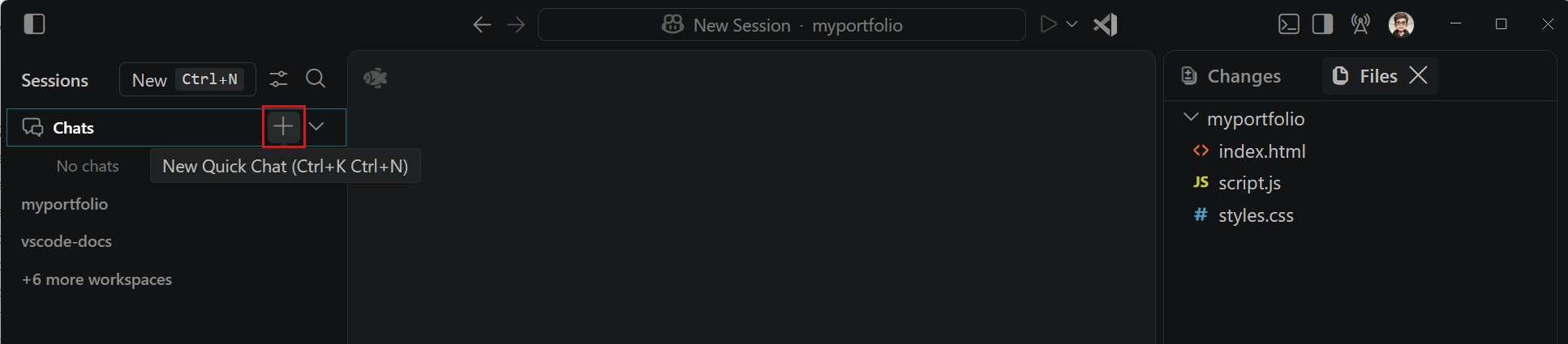 Screenshot showing the quick chats group in the Agents window, with + button to start a new quick chat highlighted.