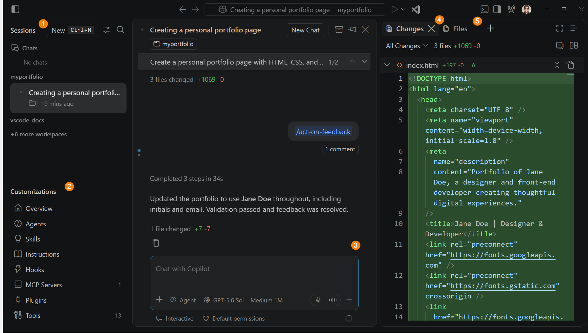Screenshot of the Agents window interface, showing the sessions list, customizations panel, chat area, changes panel, and files panel.