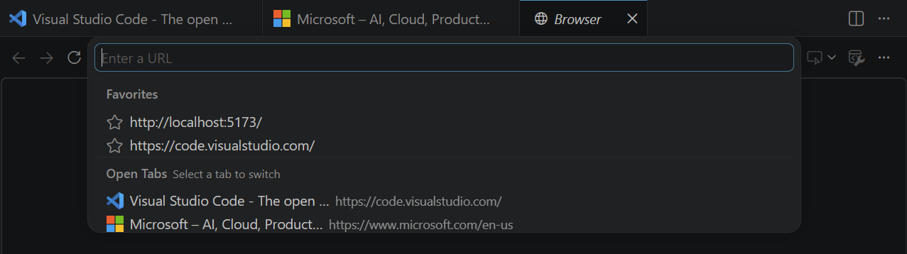 Screenshot of a popup around the browser URL bar showing favorites and opened tabs.