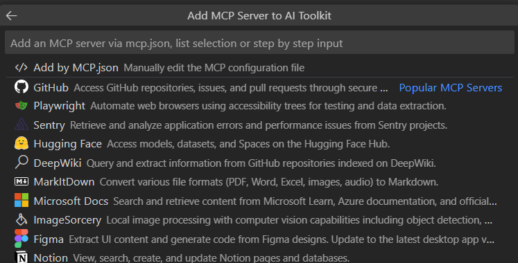 Screenshot showing the connect to MCP server interface in Agent Builder.