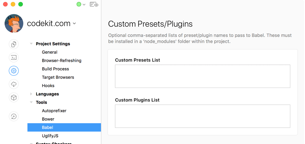 a screenshot of the custom plugins and presets text fields in the codekit window