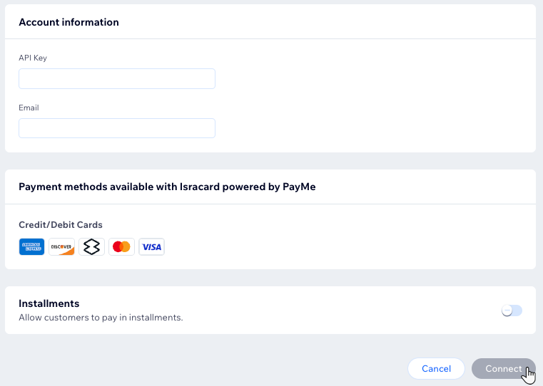 A screenshot of the Account information section when connecting Isracard as a payment provider on Wix