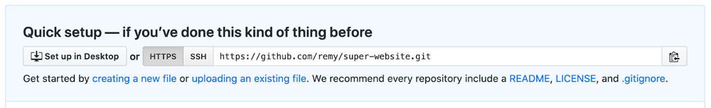 GitHub-Screenshot, der zeigt, welche Remote-URLs Sie verwenden können, um Code in ein GitHub-Repo zu deployen