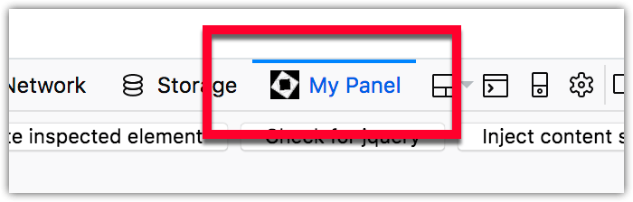 Einfaches Beispiel, das die Hinzufügung von "My panel" zu den Entwicklerwerkzeuge-Reitern zeigt.