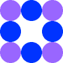 Quadratbild, das acht Kreise enthält. Die Kreise in jeder Ecke sind hellviolett. Die vier Seitenkreise sind blau. Der Bereich in der Mitte, wo ein neunter Kreis passen könnte, ist leer.