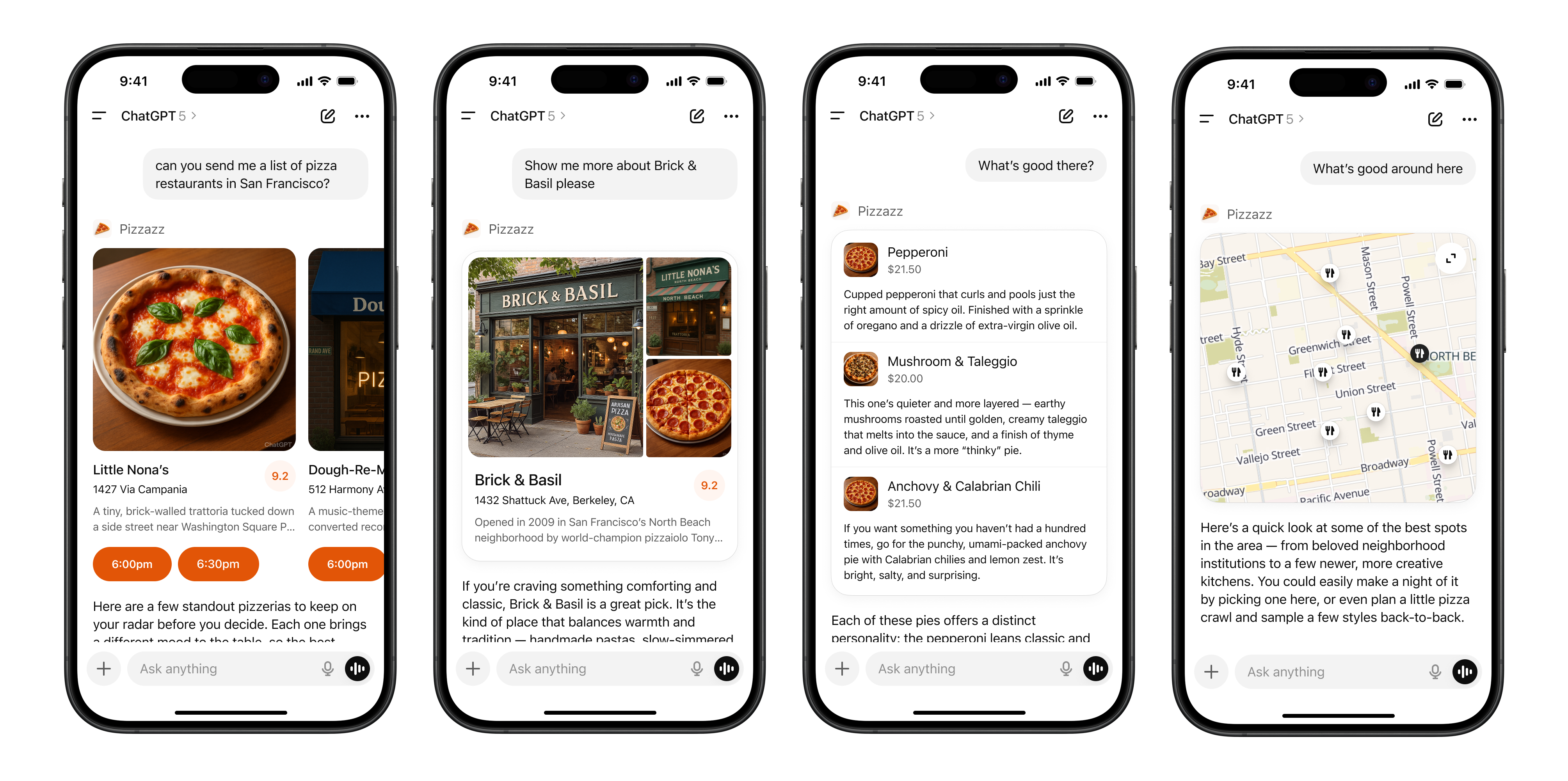 Examples of inline cards and carousels in ChatGPT