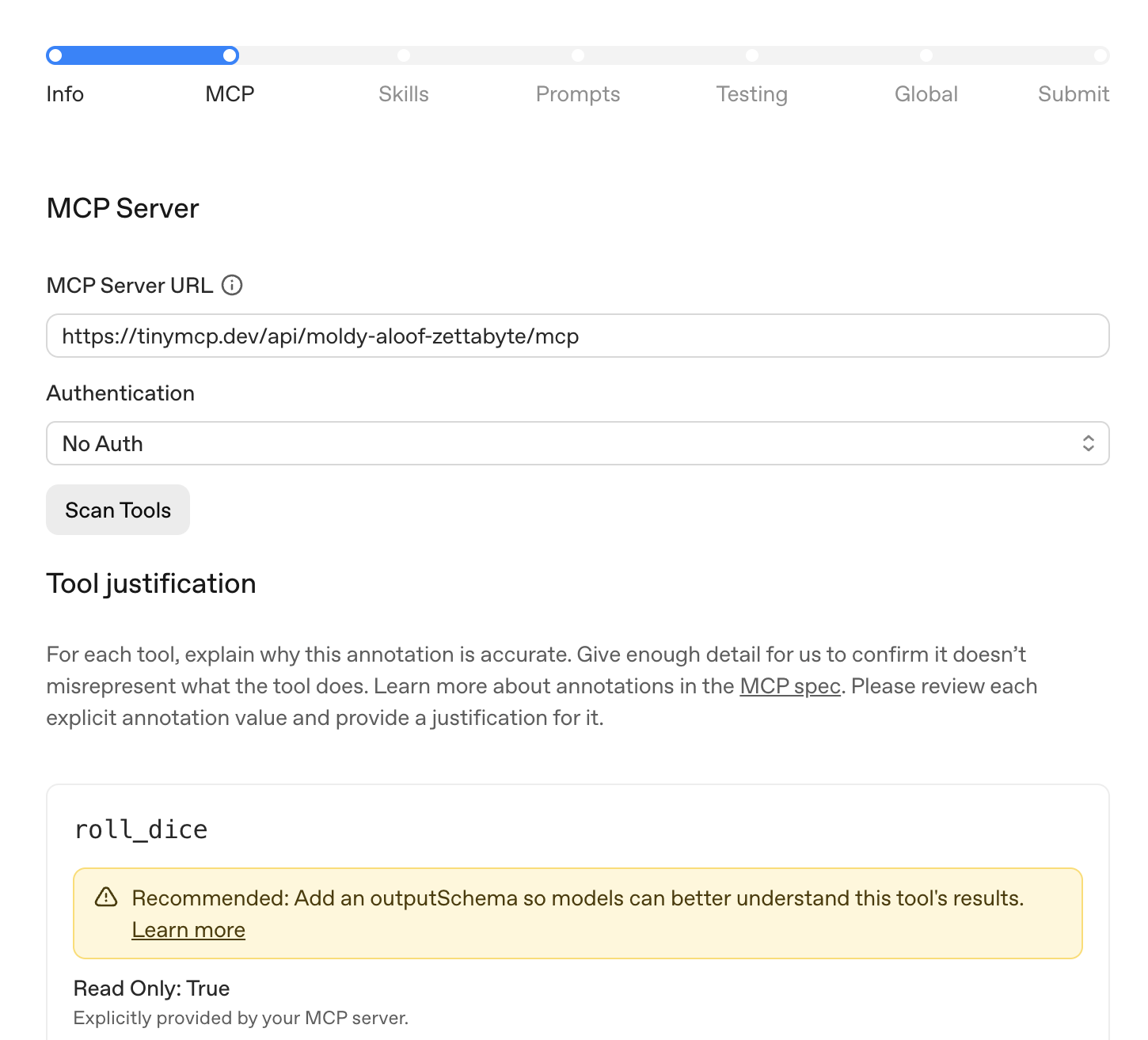 MCP tab after scanning a demo MCP server with metadata recommendations