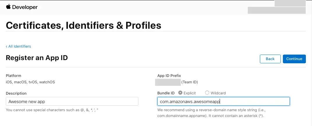 Register an App ID in the certificates, identifiers and profiles section.