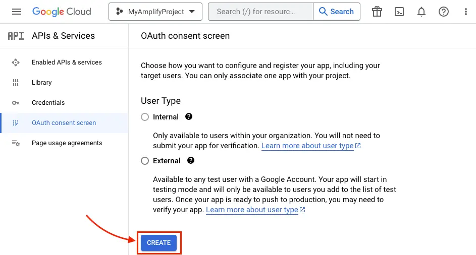 The create button is circled in the OAuth consent screen section.