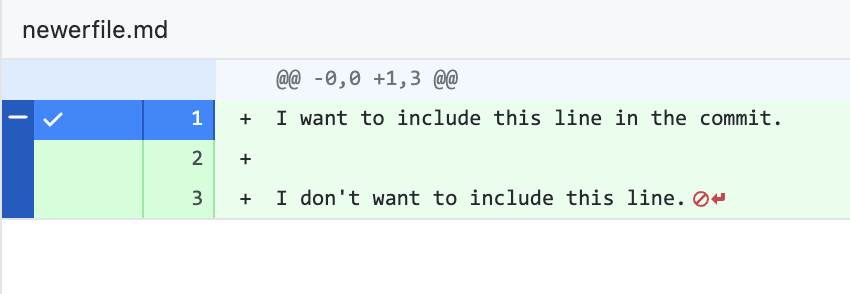 ファイルの差分ビューのスクリーンショット。 "I don't want to include this line" (私はこの行を含めたくありません) の行番号に対応する背景色は青ではなく緑色です。
