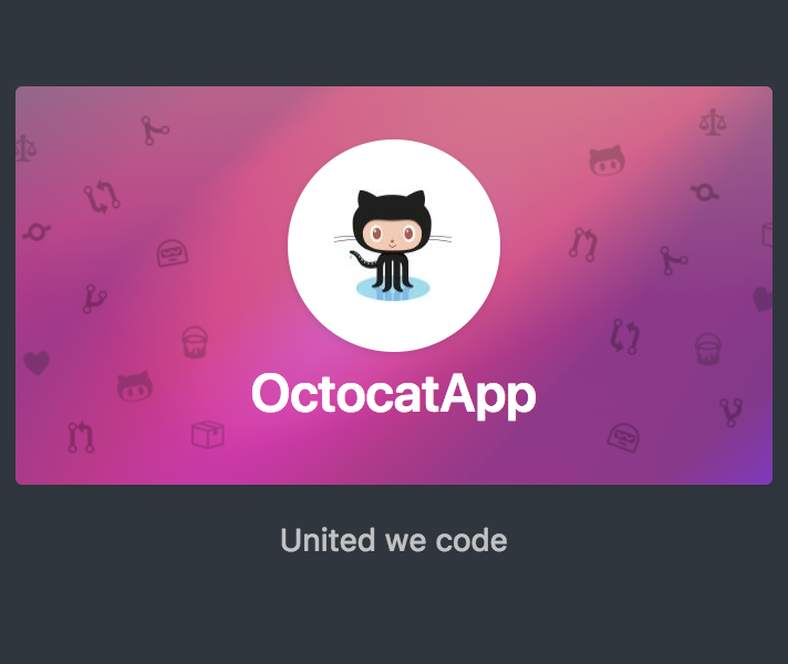 Screenshot: Featurekarte für OctocatApp. Der Name der App und ein Symbol von Mona werden auf einem rosafarbenen Hintergrund oberhalb des Texts „United we code“ angezeigt.