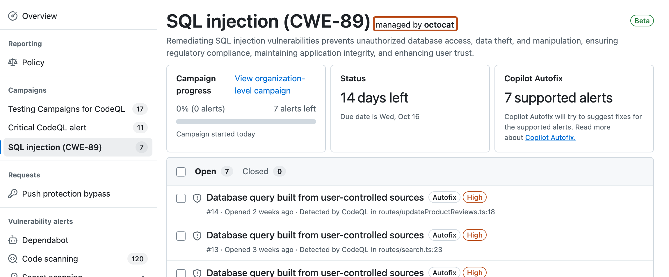 Capture d’écran de la vue de campagne du référentiel avec la campagne « Injection SQL (CWE-89) » affichée et le « Gestionnaire de campagne » décrit en orange foncé.