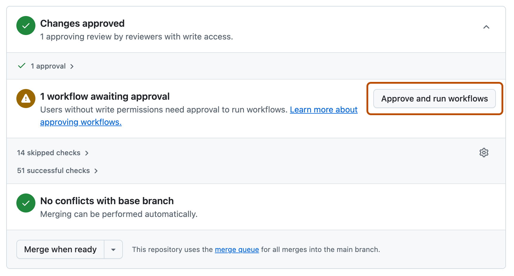 来自 Copilot 的拉取请求的合并框的屏幕截图,其中包含“Approve and run workflows”按钮。