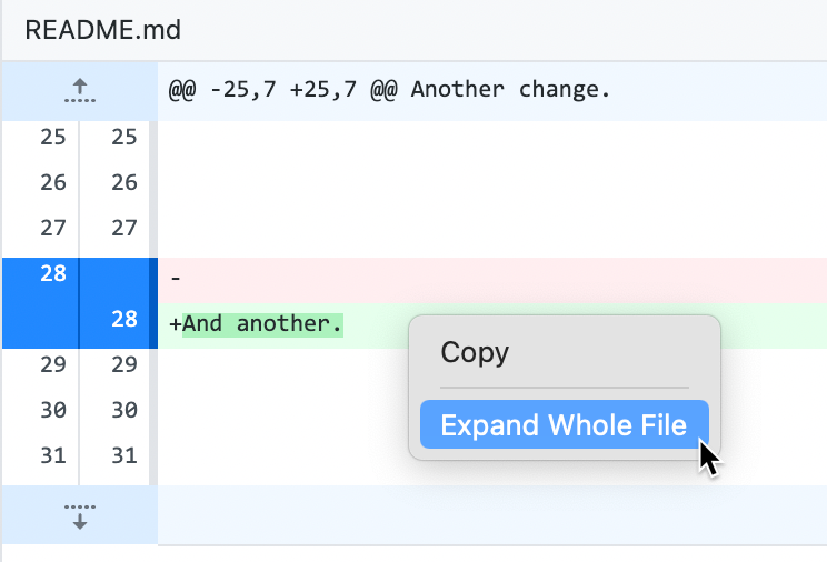 "README" ファイルの差分ビューのスクリーンショット。 緑色の「追加」行の上で、コンテキストメニュー内の「ファイル全体を展開」にカーソルが置かれています。