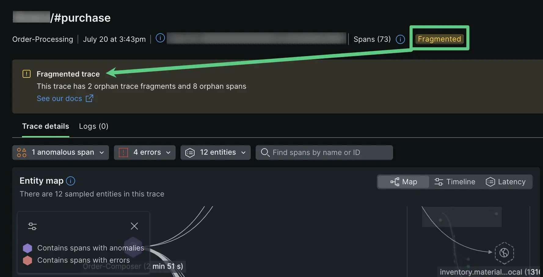 Screenshot showing how to locate a fragmented trace Screenshot showing how to locate a fragmented trace