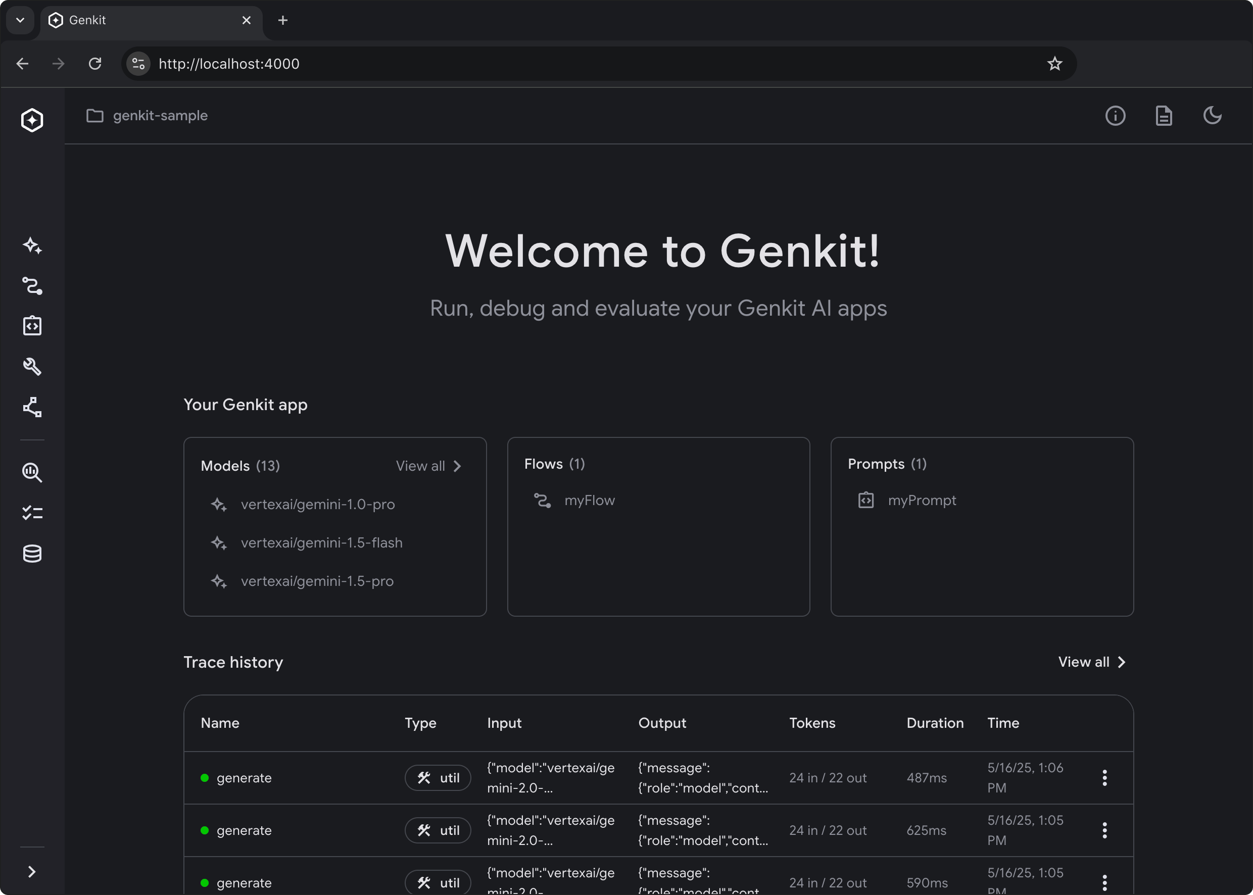 Genkit Developer UI showing flows and debugging interface