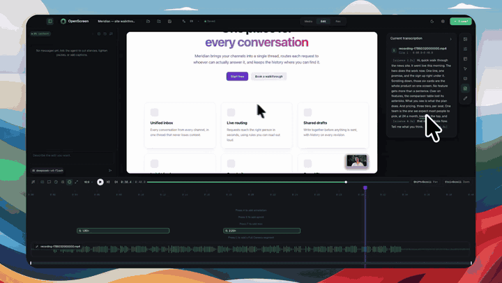 Editing a recording in OpenScreen: wallpaper and video effects, an AI-assisted cut driven from the chat, then export