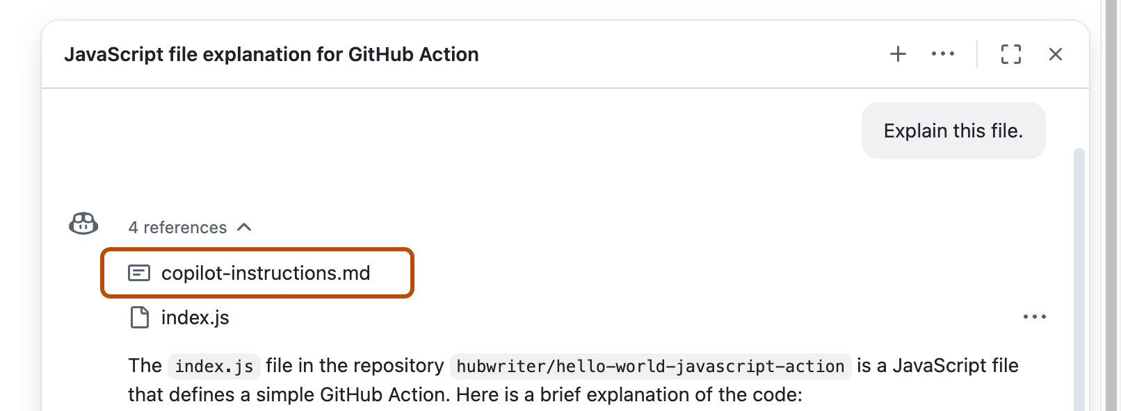 Screenshot of an expanded References list, showing the 'copilot-instructions.md' file highlighted with a dark orange outline.