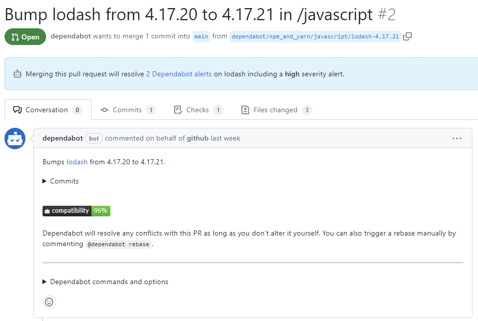 Screenshot of the pull request generated by {% data variables.product.prodname_dependabot %} to fix the security vulnerability highlighted by the selected alert.