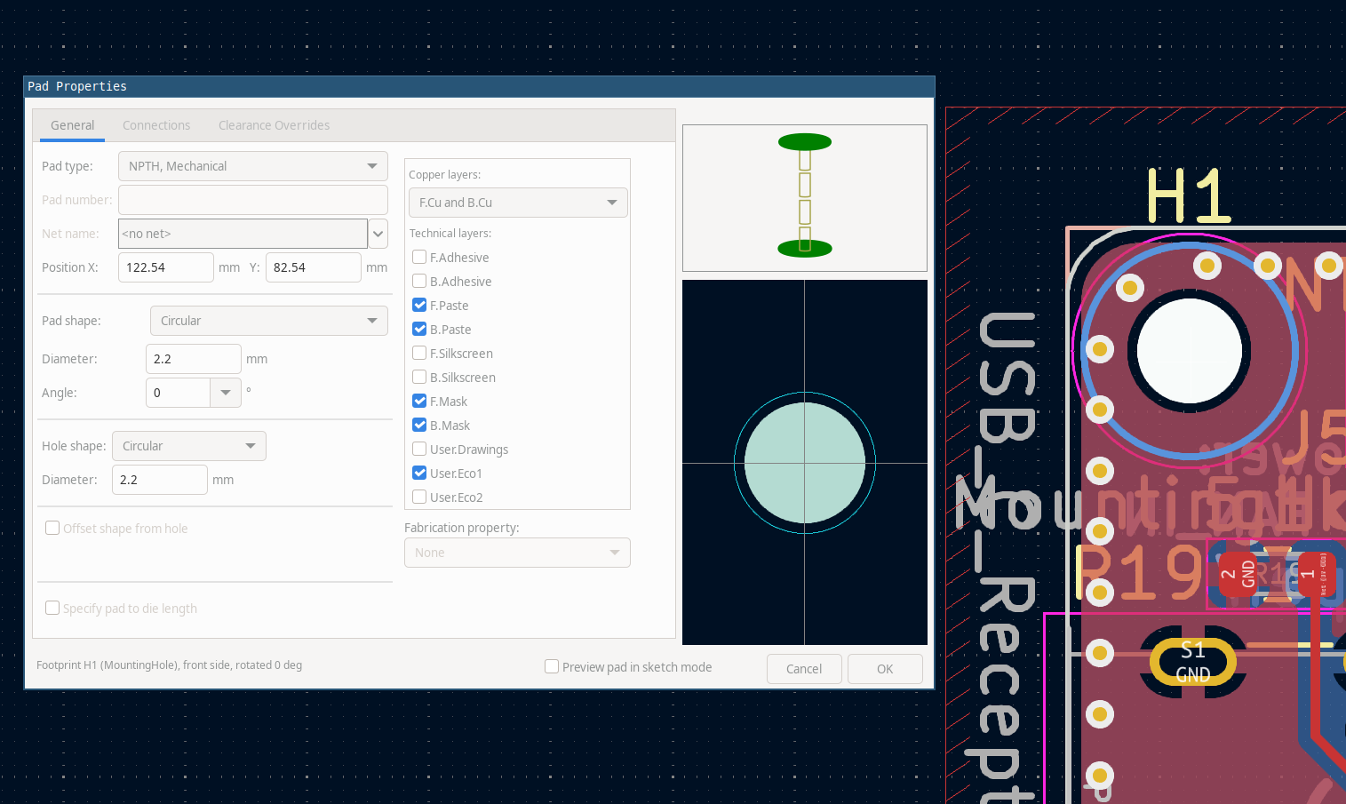 Default mounting hole KiCad footprint with both paste and User.Eco1 layers enabled