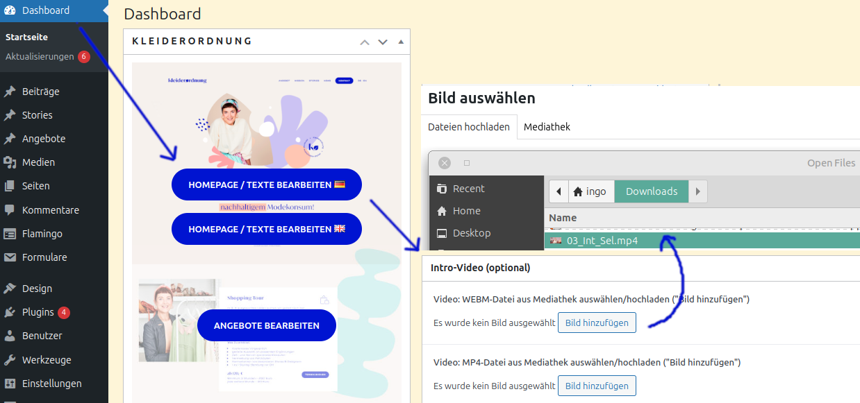 Screenshot WordPress admin dashboard and video upload
