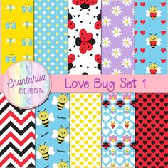 the love bug digital paper set is available in many colors and patterns, including ladybugs