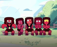 five cartoon characters sitting on a bench in the park