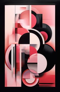 an abstract painting with black, pink and white shapes
