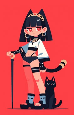 an illustration of a woman standing next to a black cat and holding a cane in her hand