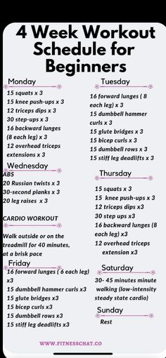 the 4 week workout schedule for beginners is shown in pink and white with black lettering