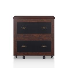 a wooden cabinet with two drawers on casteors and wheels, against a white background