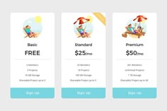 three pricing cards with two people sitting on beach chairs