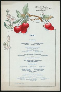 an old menu with cherries on it