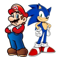 mario and sonic are standing next to each other