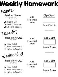 the weekly homework worksheet is shown in black and white, with text on it