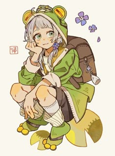 an anime character is sitting on the ground with her hand to her face and wearing a green outfit